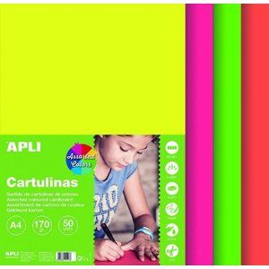 APLI Sada barevných papírů, A4, 170 g, 50 listů, mix fluo barev
