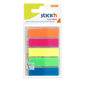 Plastové samolepicí záložky Stick'n  45 × 12 mm, 5 × 25 lístků, neonové barvy