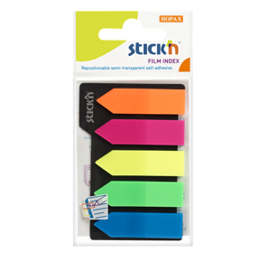 Plastové samolepicí záložky Stick'n šipky 42 × 12 mm, 5 × 25 lístků, neonové barvy