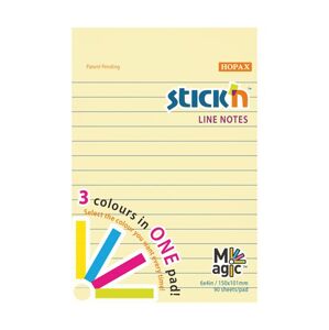 Samolepicí bloček Stick'n Magic 150 × 101 mm, 90 lístků, pastelové barvy, linkovaný
