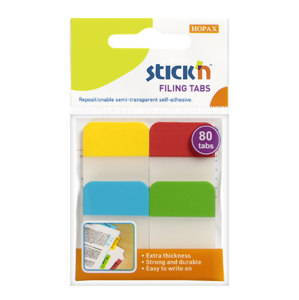 Plastové samolepicí záložky Stick'n extra pevné, 38 × 25 mm, 4 barvy × 20 záložek
