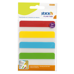 Plastové samolepicí záložky Stick'n extra pevné, 38 × 76 mm, 4 barvy × 6 záložek