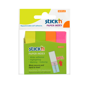 Papírové samolepicí záložky Stick'n 50 × 12 mm, 4 × 100 lístků, nenonové barvy