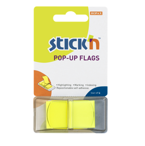 Plastové samolepicí záložky Stick'n POP-UP 45 × 25 mm, 50 lístků, neonově žluté
