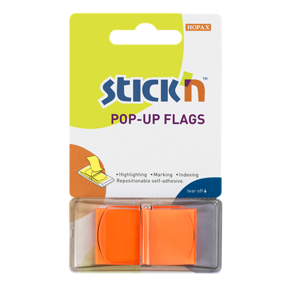 Plastové samolepicí záložky Stick'n POP-UP 45 × 25 mm, 50 lístků, neonově oranžové