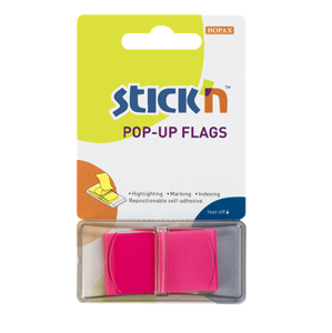 Plastové samolepicí záložky Stick'n POP-UP 45 × 25 mm, 50 lístků, neonově růžové