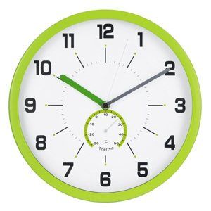 Nástěnné analogové hodiny s teploměrem, 30 cm - zelená