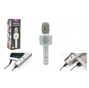 Mikrofon karaoke - Bluetooth stříbrný na baterie s USB kabelem