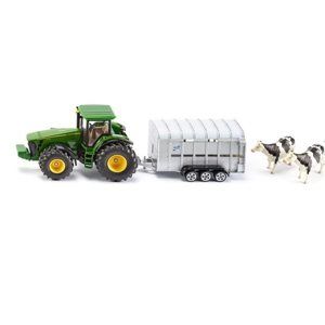 SIKU Super - Traktor John Deere s přívěsem pro přepravu dobytka vč. 2 krav, 1:50