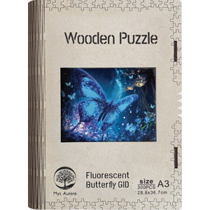 Dřevěné puzzle WOODEN fluorescentní motýl, svítící ve tmě - 300 dílků